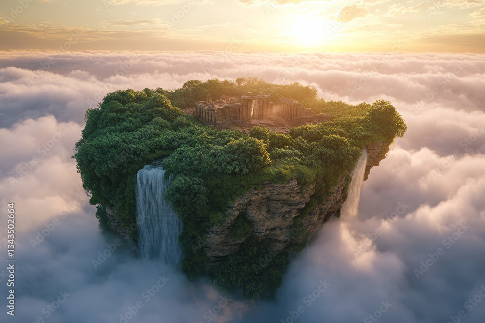 Wall mural a breathtaking 3d background of a floating island with lush greenery, cascading waterfalls, and anci