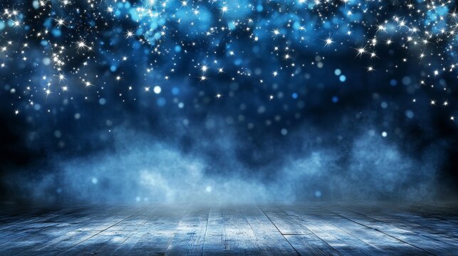 Enigmatic Blue Stage with Sparkling Lights and Smoky Atmosphere Design