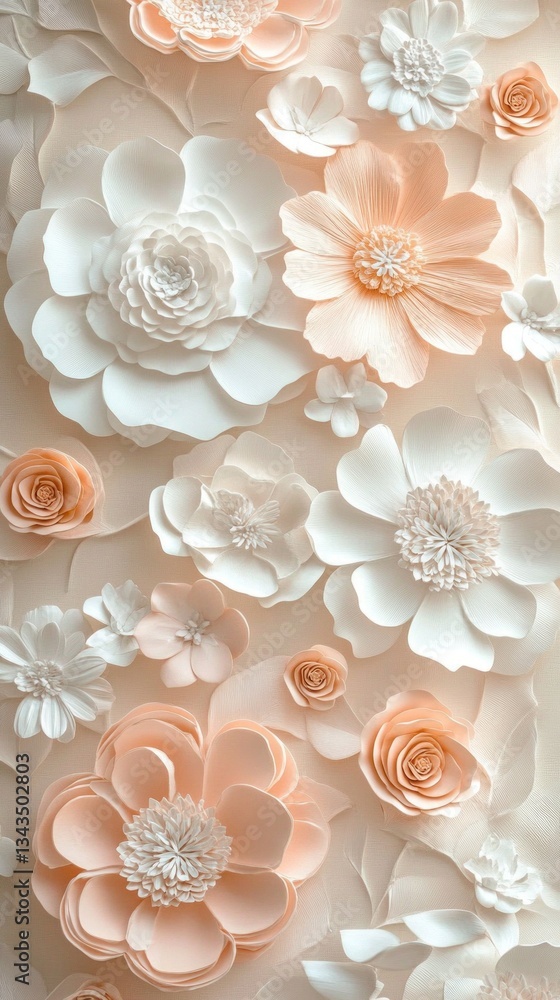Poster delicate paper flowers in various shades of peach and white adorn a smooth surface, creating a stunn