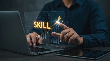 Up skill and personal development concept. employee pointing arrow to upskill or reskill, kill training, education, learning, ability, knowledge and competency for digital transformation