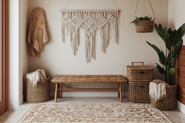 A boho-style entryway featuring a rattan bench, woven baskets for storage, a macram??A(C) wall hanging, and a warm-toned patterned rug