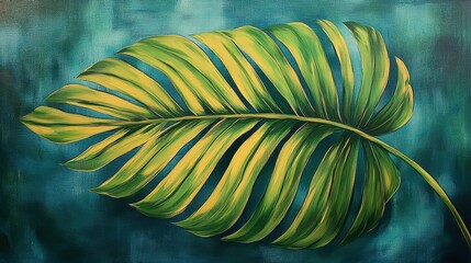 A vibrant palm leaf, its veins a symphony of emerald green, gracefully unfurls against the backdrop of a tropical sky, its fronds reaching for the sun like outstretched arms.