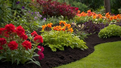 Bright garden blooms encircle rich soil showcasing a colorful and lively natural scene
