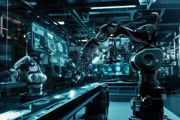 A futuristic 3D background of a hyper-advanced robotics factory, where robotic arms assemble biomechanical androids with surgical precision. Holographic schematics float above sleek assembly lines,
