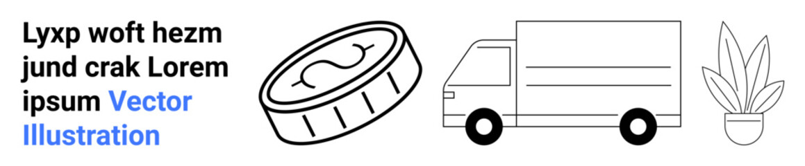 Coin, delivery truck, and potted plant reflect logistics, finance, eco-conscious living, transportation, e-commerce, sustainability and minimalistic design. Ideal for flat landing page banner