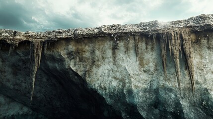 Frozen landscape showcasing an icy cliff face with dramatic icicles formations