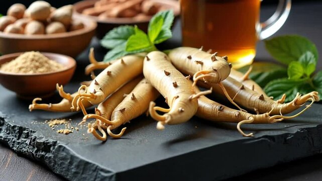 Fresh Organic Ginseng Roots with Herbal Tea, Powder, and Nuts on Slate Plate, Natural Medicine and Healthy Nutrition