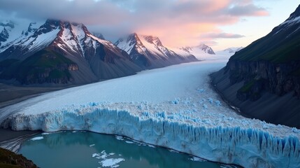 Aletsch Glacier in Switzerland at dawn under cloudy skies, seen from above. The winding ice river contrasts against rugged mountain peaks under a moody sky.