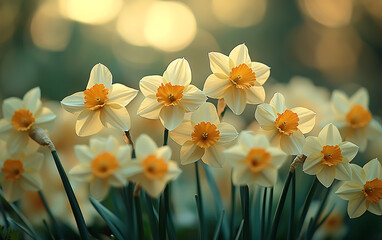 Fototapeta premium Bright Yellow and White Daffodils Glowing in Warm Sunlight