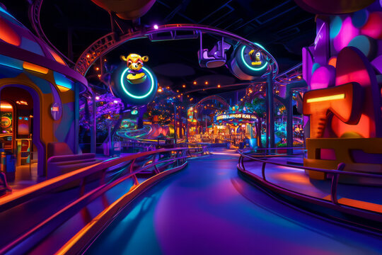 A vibrant 3D background of a futuristic amusement park at night. The roller coasters are illuminated by dazzling neon colors, while floating holographic mascots guide visitors through thrilling