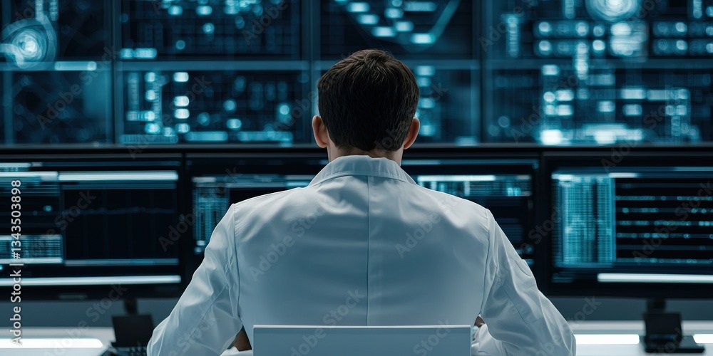 Aufkleber science performance measurement assessment concept. scientist analyzing data in a high-tech, digital