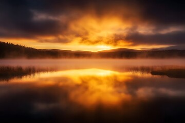 Fototapeta premium Golden Sunrise over Misty Lake and Mountains