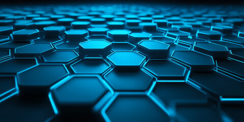 Naklejka premium A dynamic 3D background showcasing a tunnel of glowing hexagons stretching into infinity. Each hexagonal tile emits a soft blue light, forming an immersive and futuristic sci-fi corridor reminiscent