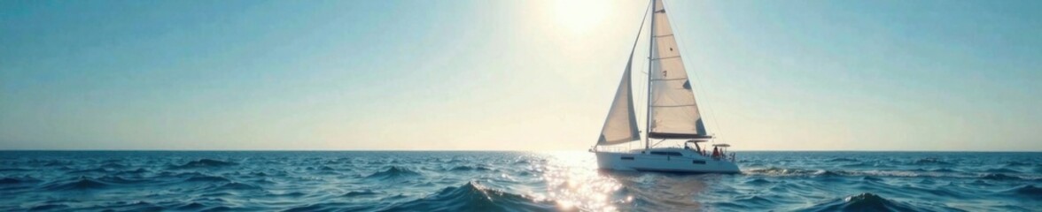 Fototapeta premium Sailboat in calm sea with sail raised high and sun shining on waves, seawater, boat sails