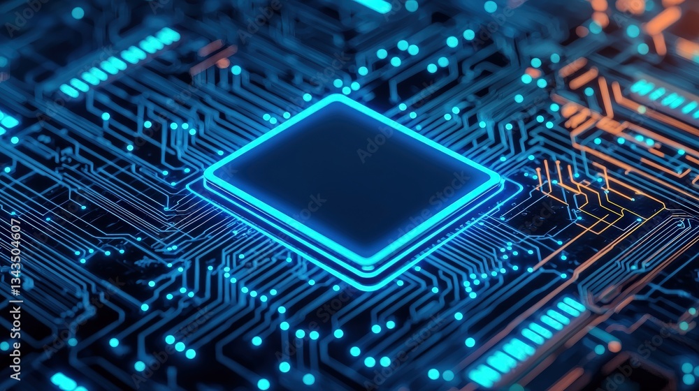 Poster science performance measurement assessment concept. close-up of a glowing microchip on a circuit boa