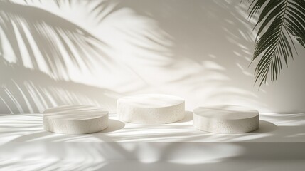 Abstract white background with the shadows of palm leaves on the wall and three podiums for product presentation.
