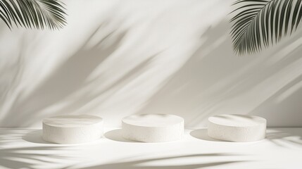 Abstract white background with the shadows of palm leaves on the wall and three podiums for product presentation.