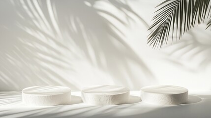 Abstract white background with the shadows of palm leaves on the wall and three podiums for product presentation.