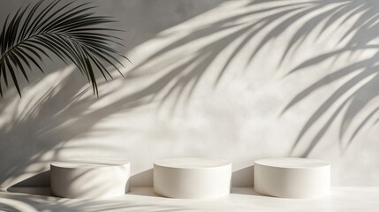 Abstract white background with the shadows of palm leaves on the wall and three podiums for product presentation.