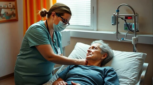 Compassionate care, Nurse attending to senior patient in hospital room