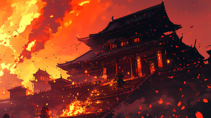 Epic samurai duel against a Demon King in a ruined Japanese temple.