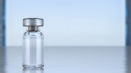 Glass bottle with liquid inside. Vaccine. Mockup of medicine on metal table. Glass bottle with medicine and metal cap. Transparent body of the bottle allows to see the medicine inside. 3d render.