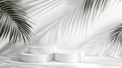 Abstract white background with the shadows of palm leaves on the wall and three podiums for product presentation.