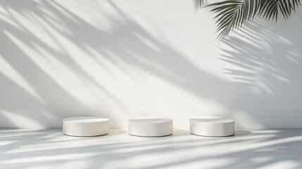 Abstract white background with the shadows of palm leaves on the wall and three podiums for product presentation.