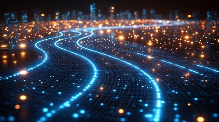 Futuristic blue highway with glowing orange lights and motion trails