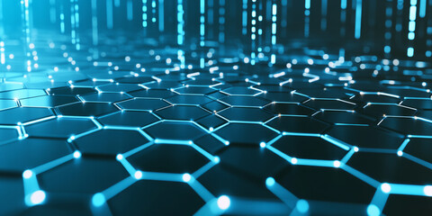 Obraz premium A dynamic 3D background showcasing a tunnel of glowing hexagons stretching into infinity. Each hexagonal tile emits a soft blue light, forming an immersive and futuristic sci-fi corridor reminiscent