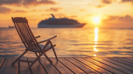 Seaside serenity: a wooden chair beckons on a sunlit pier with cruise ship in the horizon