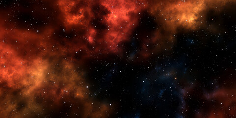 A cosmic 3D background showcasing a nebula in fiery red, orange, and deep blue hues, stretching across a star-filled sky. The vibrant colors and gaseous formations create a breathtaking celestial