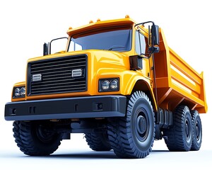 A bright yellow industrial dump truck against a white background