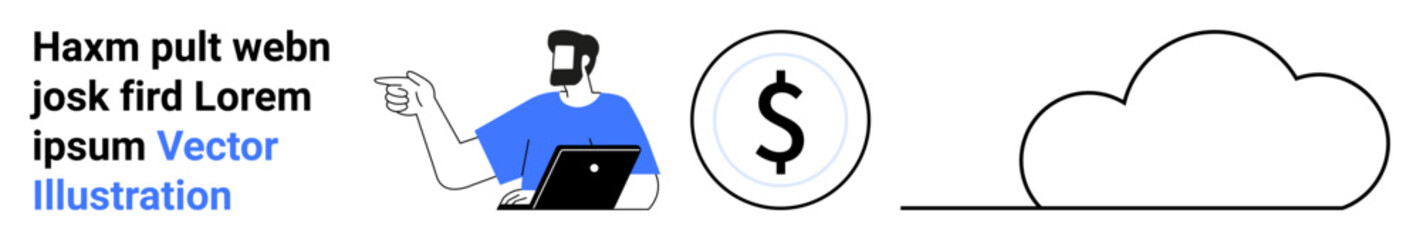 Man with a laptop gestures towards a dollar sign and cloud, representing finance, technology, cloud tools, online payments, business strategies, savings, and remote work. Ideal for flat landing page
