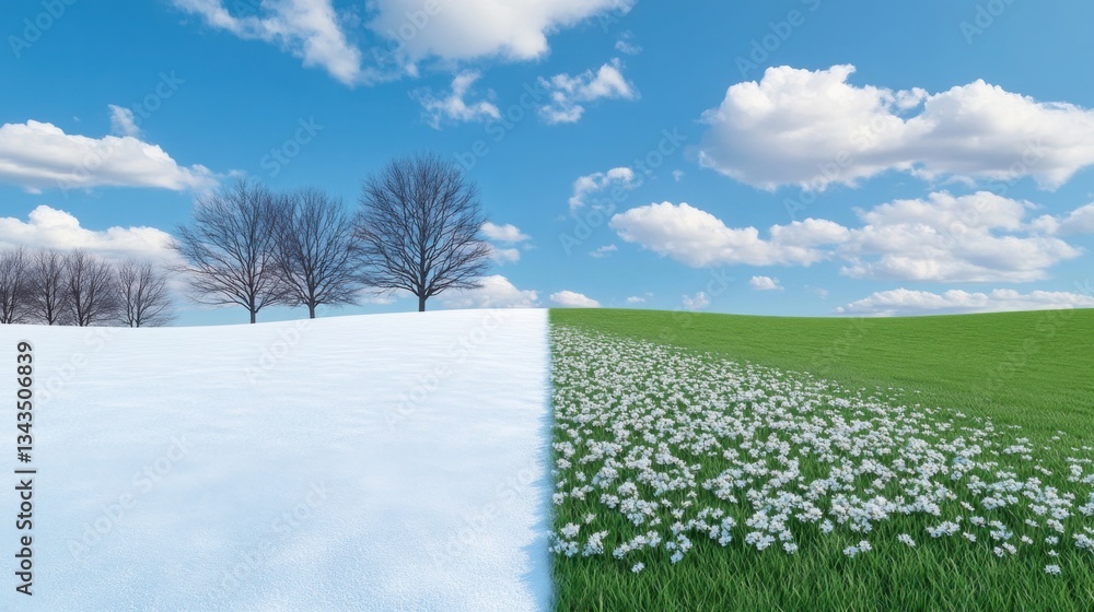 Poster a surreal landscape split into two halves: one side is a frozen, snow-covered field with bare trees