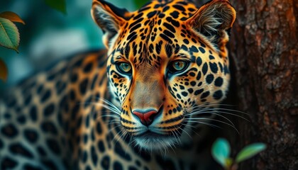 Obraz premium A Majestic Leopard's Gaze, Intense and Captivating, Amidst Lush Foliage and a Rugged Tree Trunk