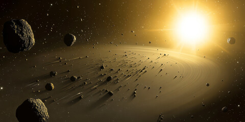 A cosmic 3D background depicting a massive asteroid belt orbiting a distant exoplanet. The celestial elements create a dynamic, immersive space-themed composition.