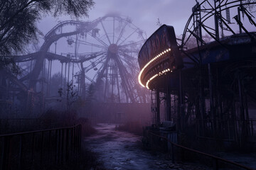 A surreal 3D background of an abandoned theme park where rides operate on their own, driven by an unseen force. Ghostly lights flicker across rusted attractions, and eerie laughter echoes through the