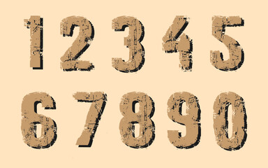 Set of brown grunge numbers with shadow. Vector distressed numbers.