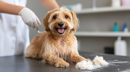 A cute dog happily sits on a grooming table as a groomer brushes its fur, with fluffy clumps scattered nearby, representing the delightful care routine for pets and their comfort.