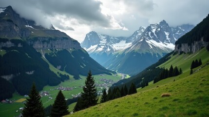 Obraz premium Rainy mid-day in the Bernese Alps, Switzerland. Mist clings to the peaks as raindrops blur the rugged mountain slopes, creating a moody ambiance.