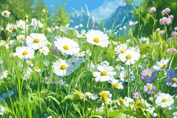 Lush meadow of daisies and wildflowers, bright and sunny