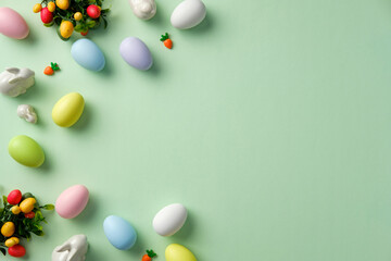 Happy Easter flat lay composition. Top view bowl of pastel colored Easter eggs, ceramic bunnies, decorative carrots on green background