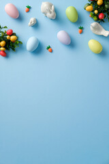 Easter flat lay composition with bunnies, pastel colored Easter eggs, decorative carrots on blue background.