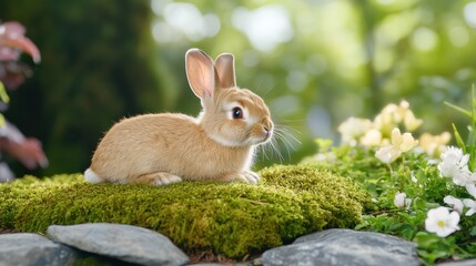 Fototapeta premium Cottontail in Eden: A serene cottontail rabbit rests comfortably amidst the lush greenery of a garden paradise, capturing the essence of tranquility and natural beauty.