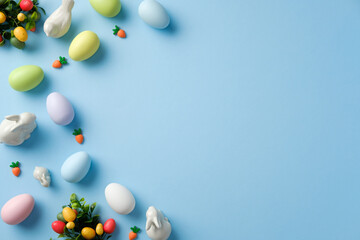 Easter flat lay composition with pastel colored Easter eggs, bunnies, decorations on blue background. Top view with copy space.