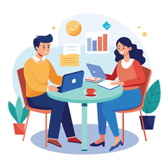 Partners meeting for business discussion with documents and laptop on desk. Couple at round table, speaking, discussing work, partnership. Flat vector illustration isolated on white background
