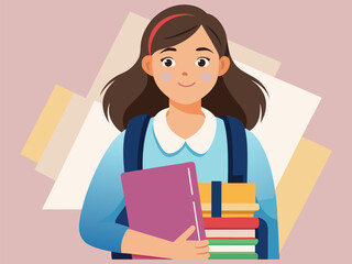  Female student, with holding a book and backpack