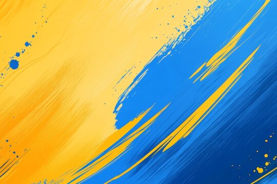 Vibrant abstract blue and yellow background with expressive brush strokes and geometric shapes