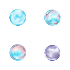 Water bubbles. Watercolor and marker illustration. Clipart of soap round transparent bubbles. Hand drawn isolated art. Abstract blue and purple water drops. For design, soap, shampoo, cosmetics